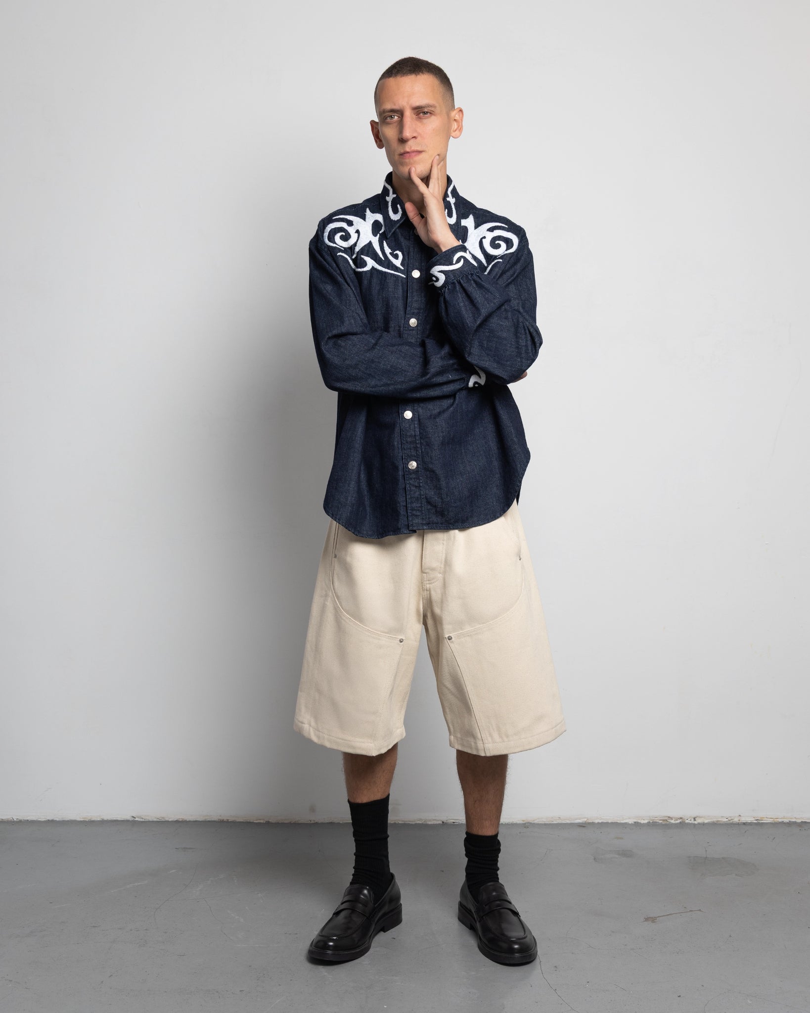 THE SHORT WORK CHAPS IN OFF-WHITE DENIM