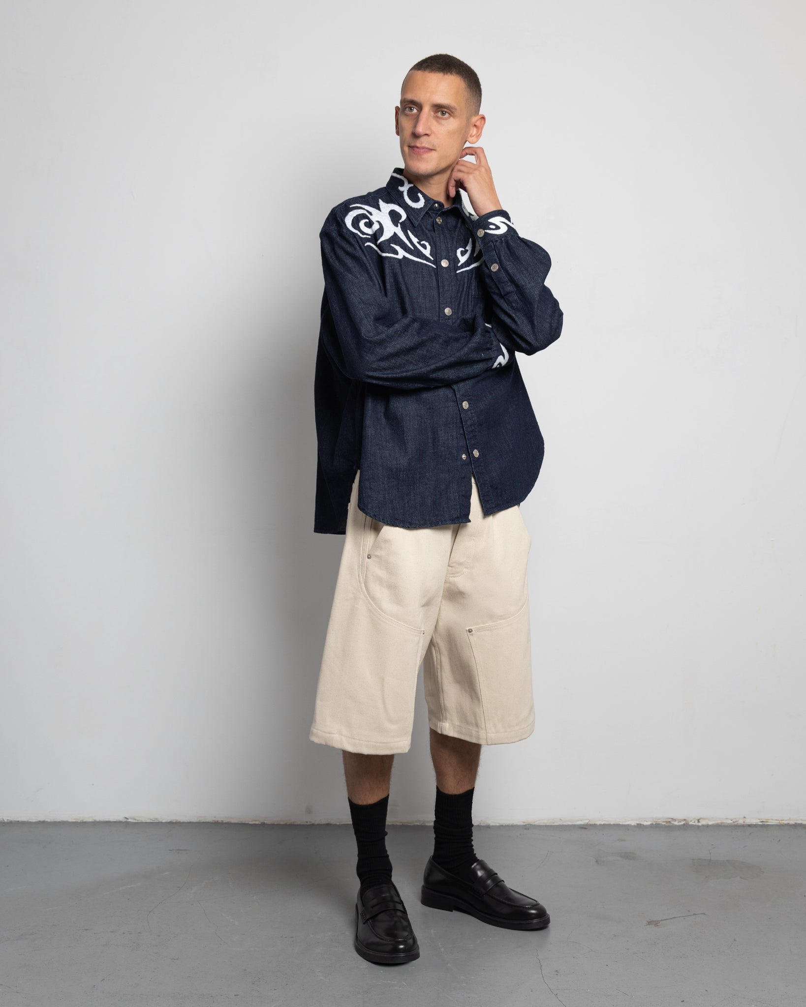 THE SHORT WORK CHAPS IN OFF-WHITE DENIM