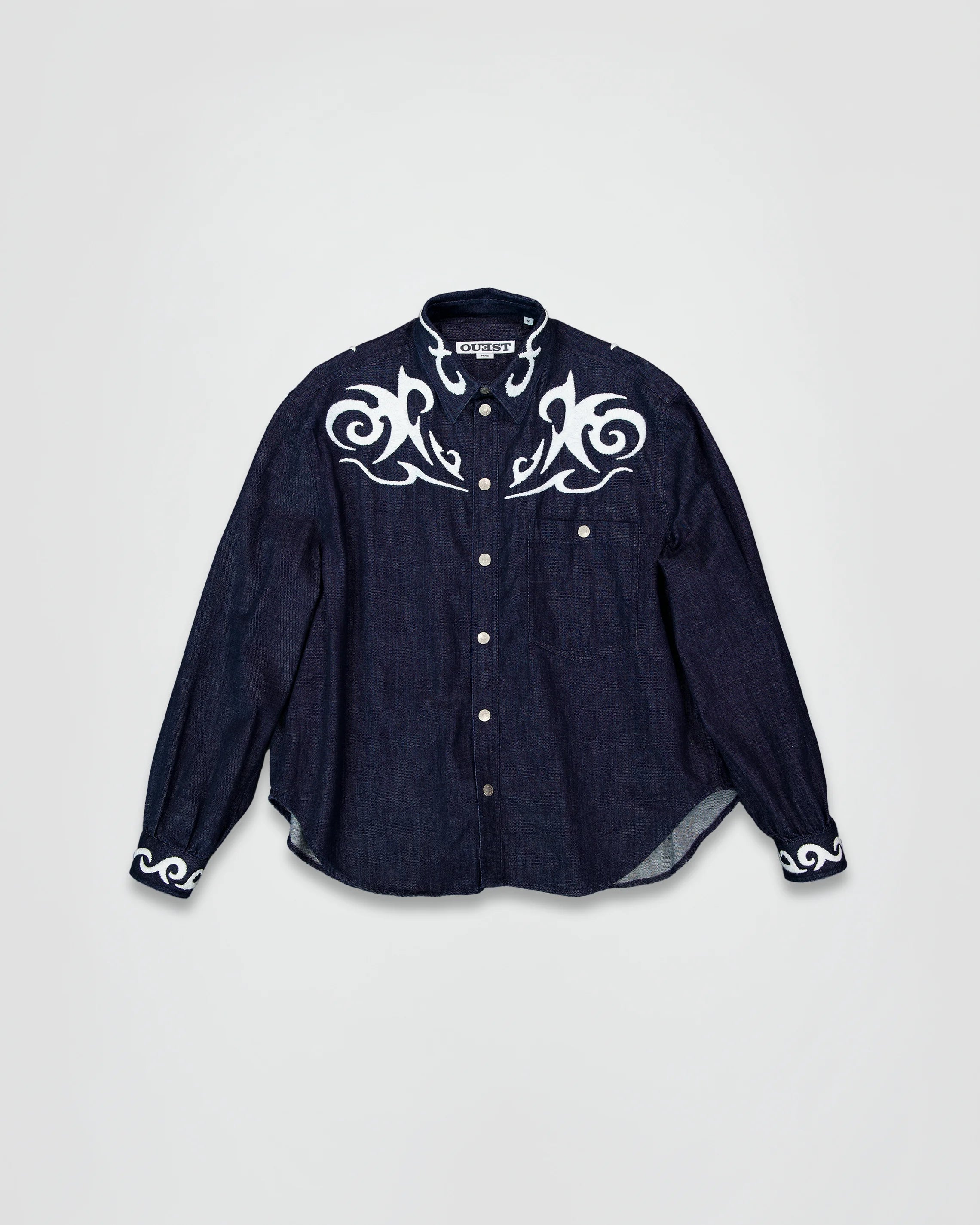 THE EMBROIDERED DENIM SHIRT IN INDIGO LIGHT DENIM