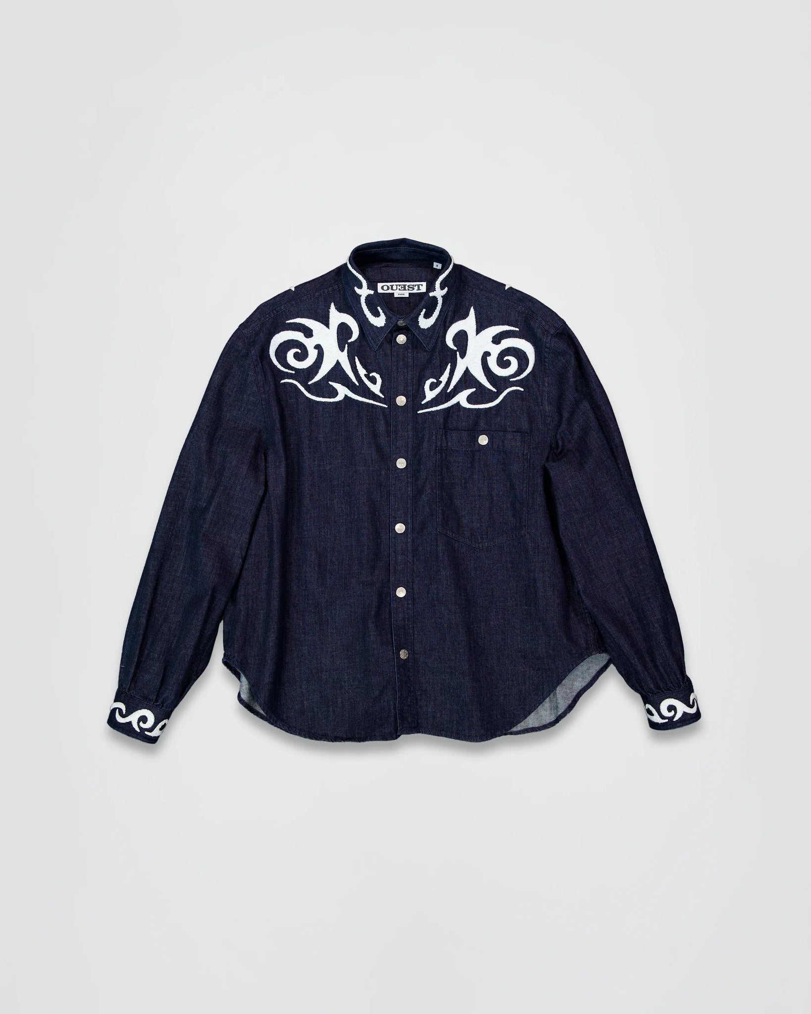 THE EMBROIDERED DENIM SHIRT IN INDIGO LIGHT DENIM