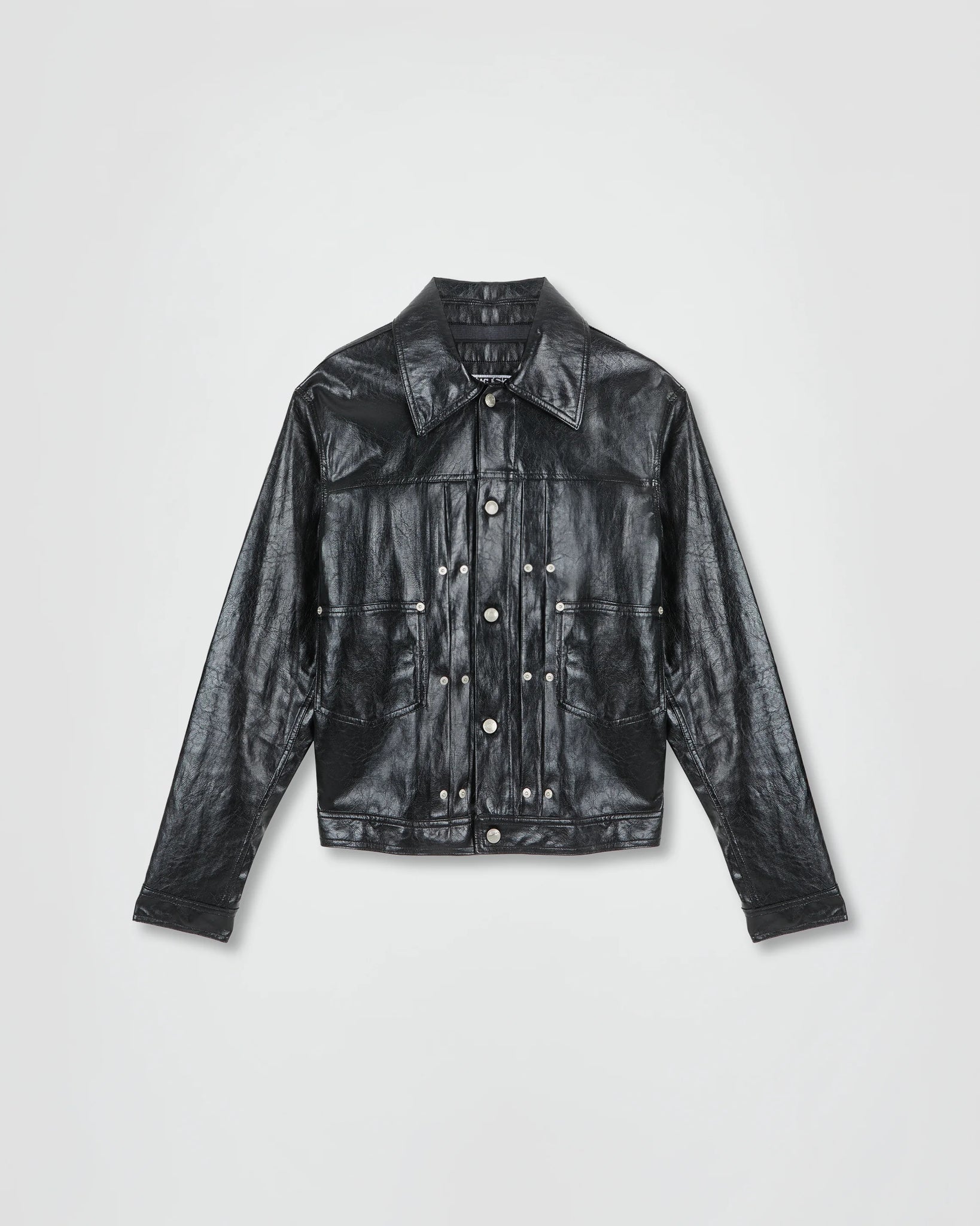 THE TRUCKER JACKET IN BLACK FAUX LEATHER