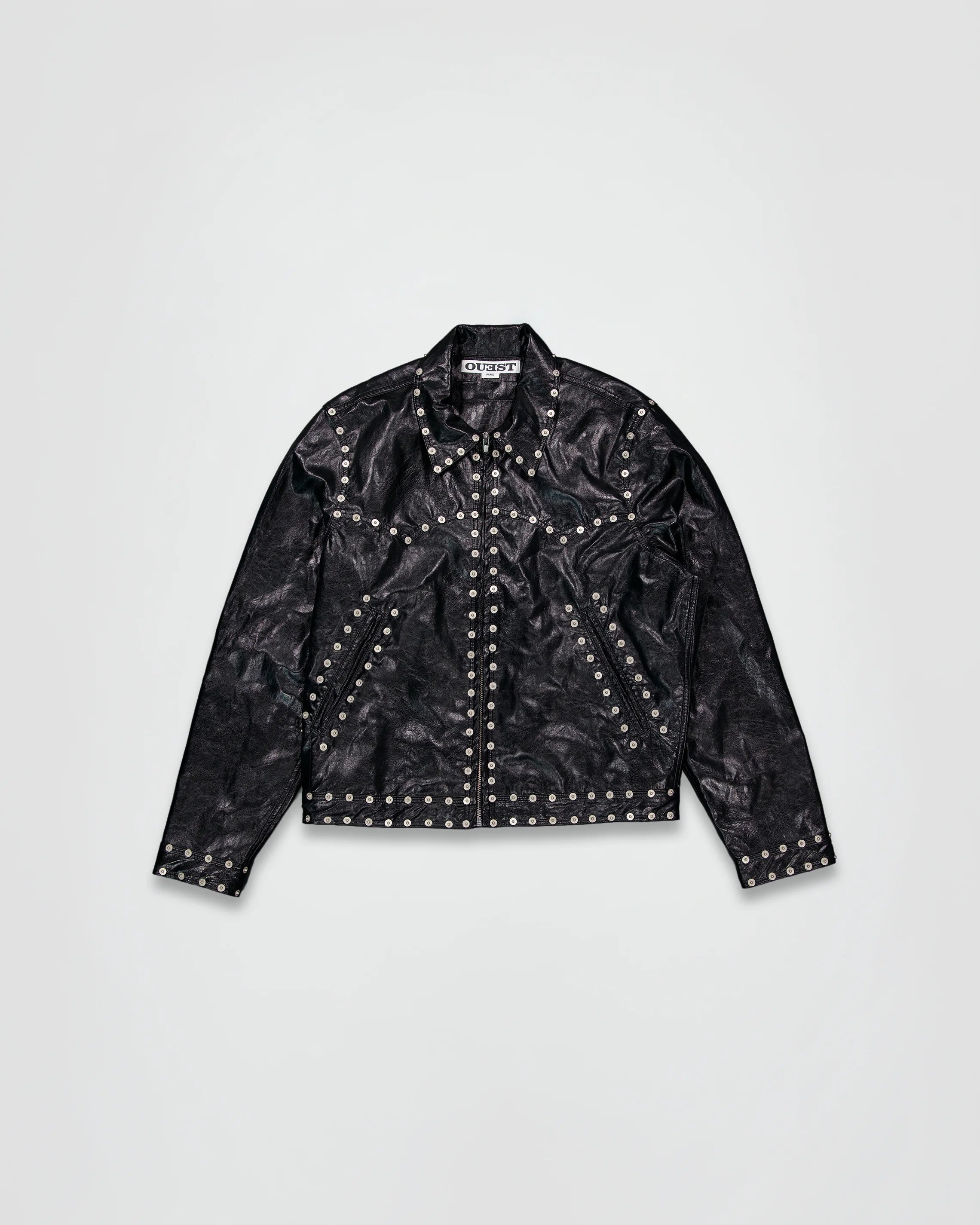 THE ZIPPED STUDDED JACKET IN BLACK FAUX LEATHER