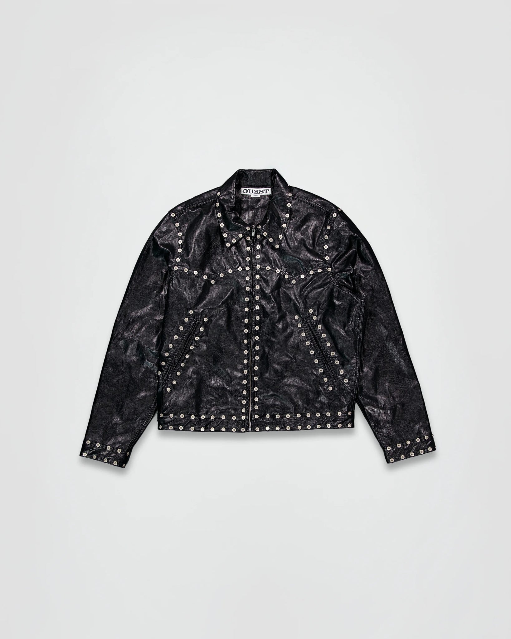 THE ZIPPED STUDDED JACKET IN BLACK FAUX LEATHER