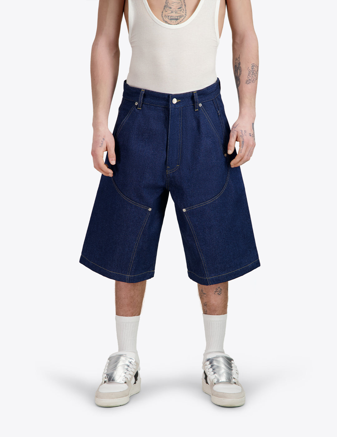 THE SHORT WORK CHAPS IN INDIGO RECYCLED DENIM