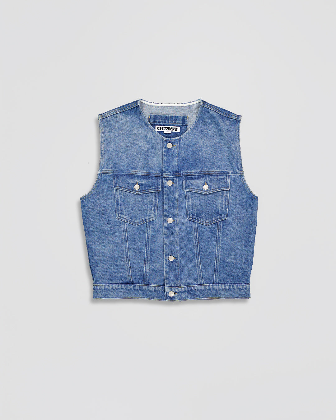 THE SLEEVELESS JACKET IN LIGHT FADED INDIGO DENIM