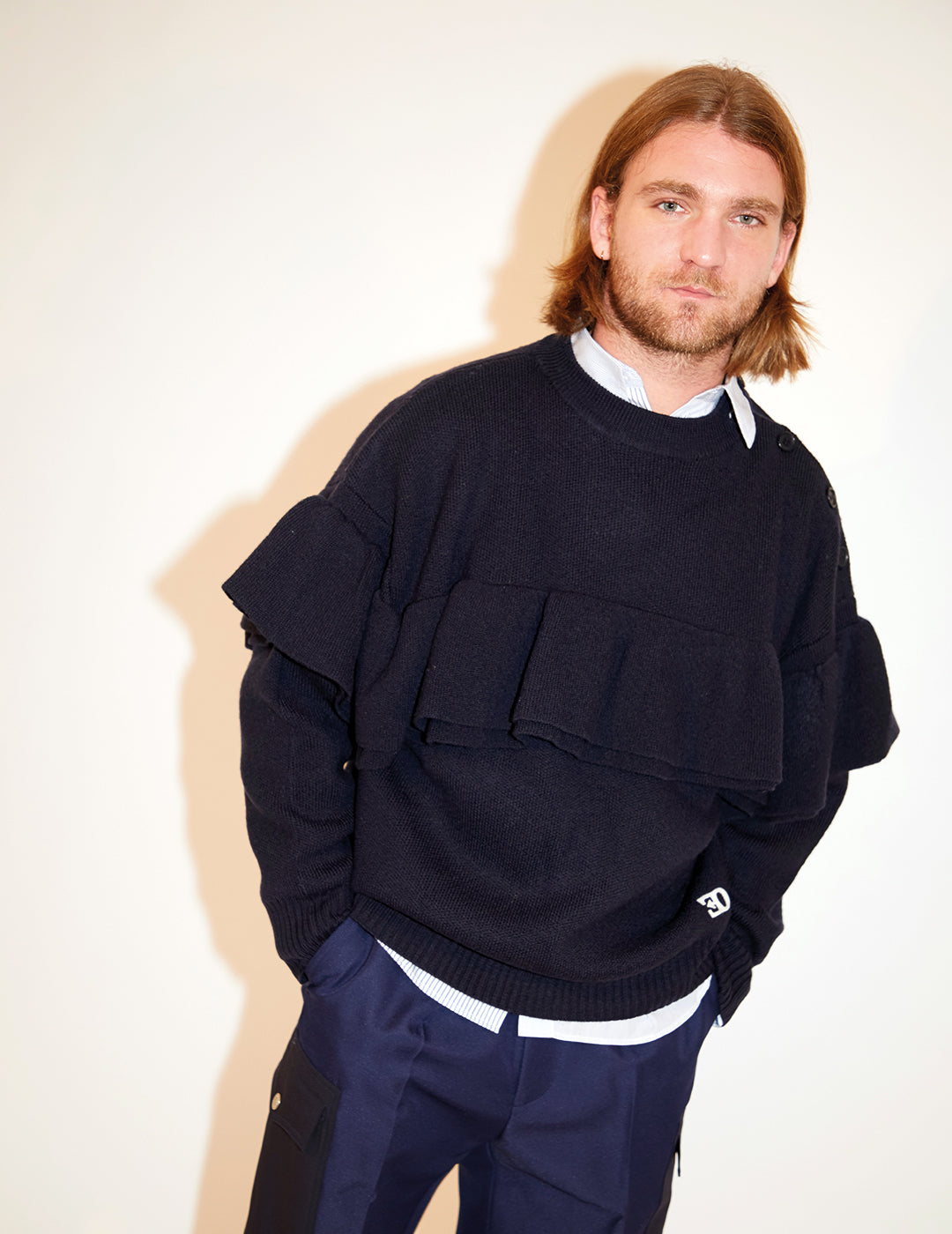 THE RUFFLED MILITARY JUMPER IN NAVY